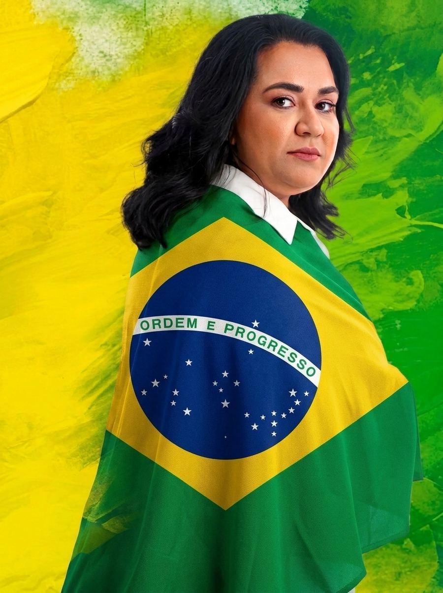 Danila Azevedo envolta na bandeira do Brasil
